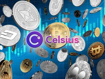 Celsius logo over cryptocurrency