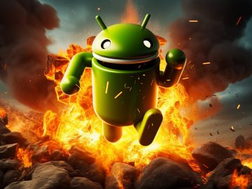 Android figure running from a volcano