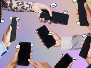 8 phones with text balloons