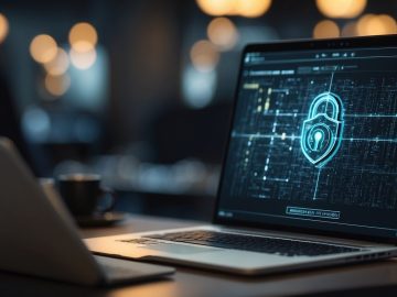 A small business owner studying a complex data security system with a laptop and lock icon