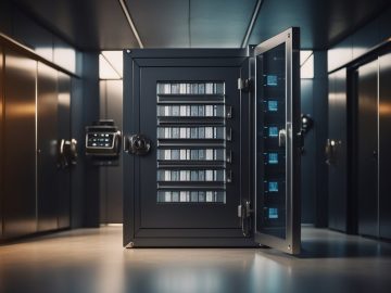 A secure digital vault with locked doors and fireproof walls, containing neatly organized digital files with encryption and backup systems in place