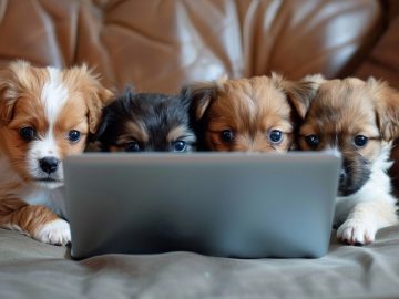 Puppies looking at a laptop