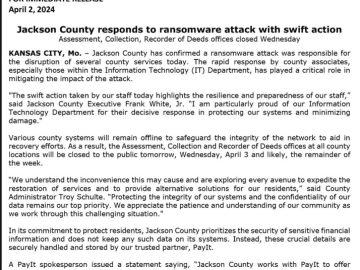 Jackson County, Missouri, discloses a ransomware attack