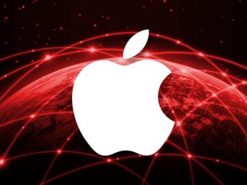 Apple logo over a red world