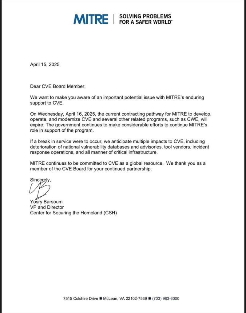 MITRE CVE contract letter
