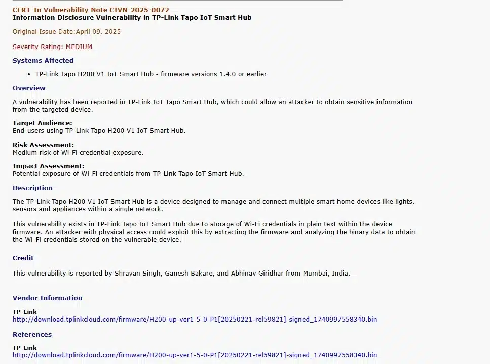 TP-Link Tapo H200 Smart Hub Firmware Flaw Risks Wi-Fi Exposure TP-Link Tapo H200 Smart Hub