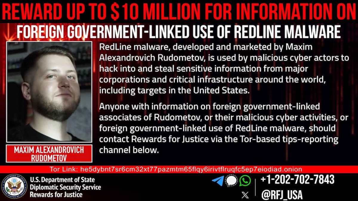 US Offering $10 Million Reward for RedLine Malware Developer Maxim Rudometov RedLine reward