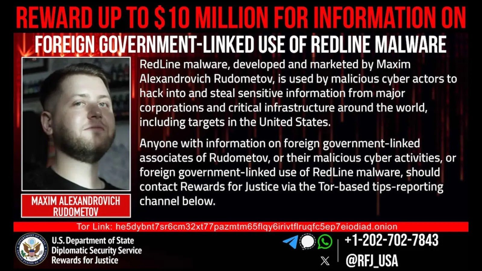 US to Offer $10 Million Reward for Details About RedLine Malware Developer