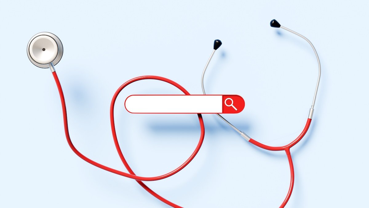 A search box is placed in front of an image of a medical stethoscope.