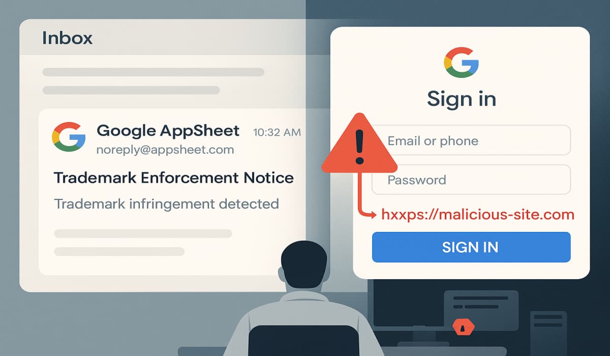 New Google AppSheet Phishing Scam Deliver Fake Trademark Notices New Google AppSheet Phishing Scam Deliver Fake Trademark Notices